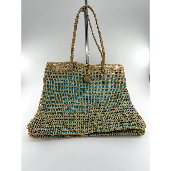 Jute Tote Aqua Polyester Fabric Lining With Interior Pocket Wood Button Closure - Picture 1 of 8